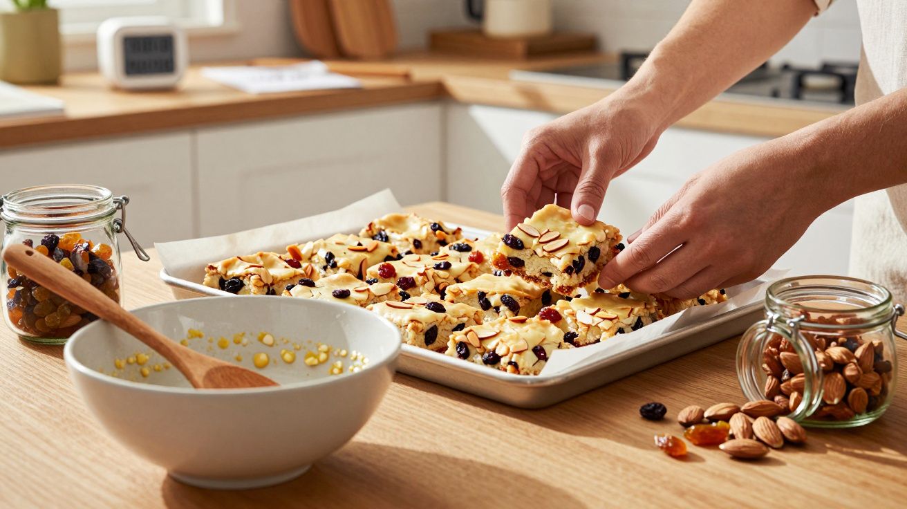 Mãos a levantar quadrados de bolo com frutos secos numa tabuleiro, ao lado de taças, frutas e amêndoas.