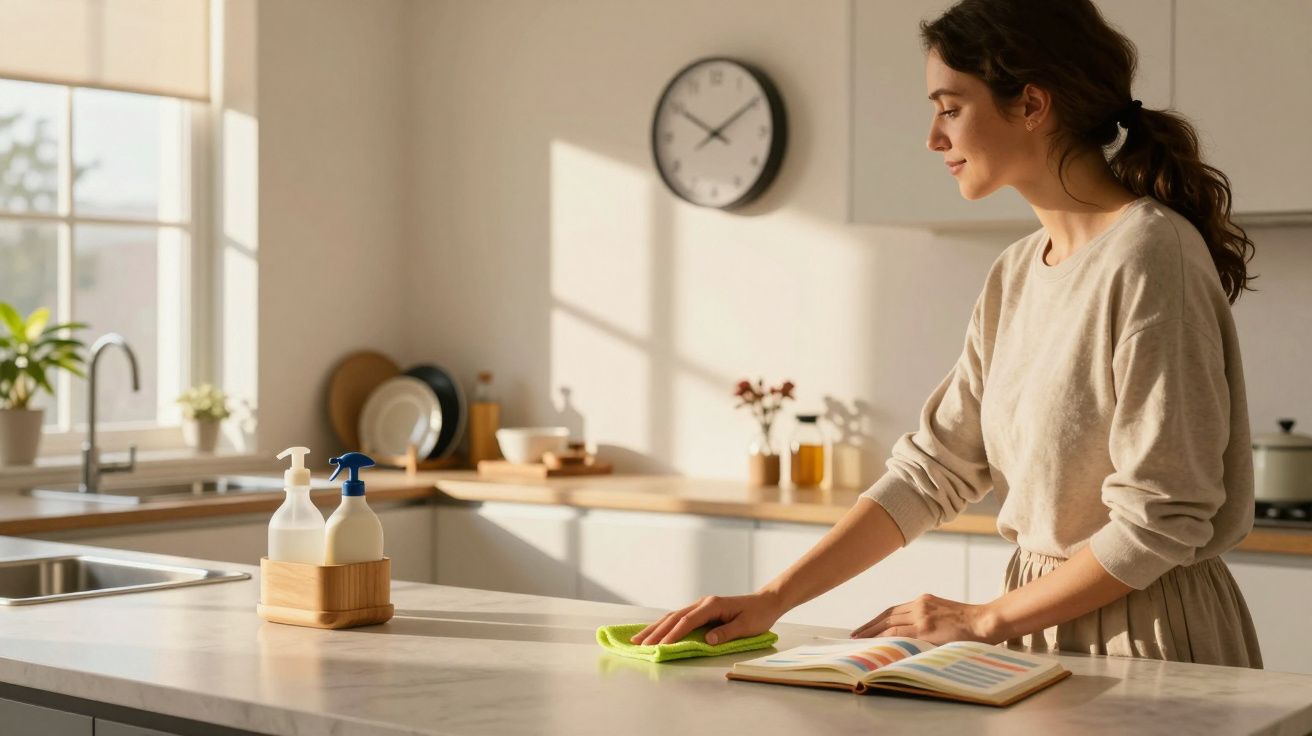 Mulher a limpar balcão de cozinha com pano verde, livro aberto e luz natural pela janela.