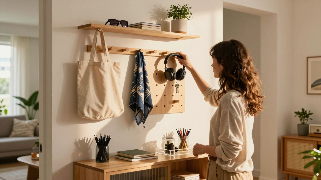 Mulher a arrumar auscultadores numa parede com ganchos, ao lado há bolsa, lenço, livros e acessórios numa madeira.