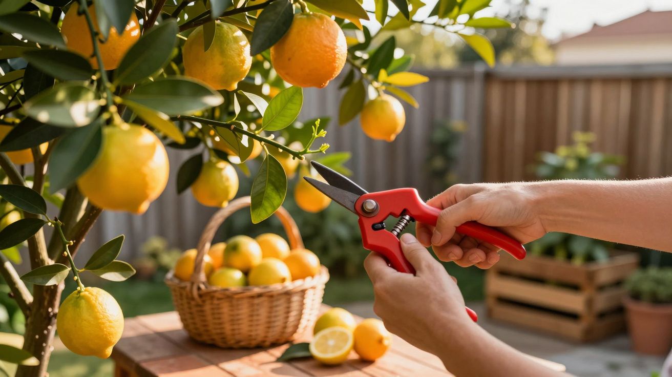 Pessoa a usar tesoura de poda para colher limões maduros de uma árvore num jardim ensolarado.
