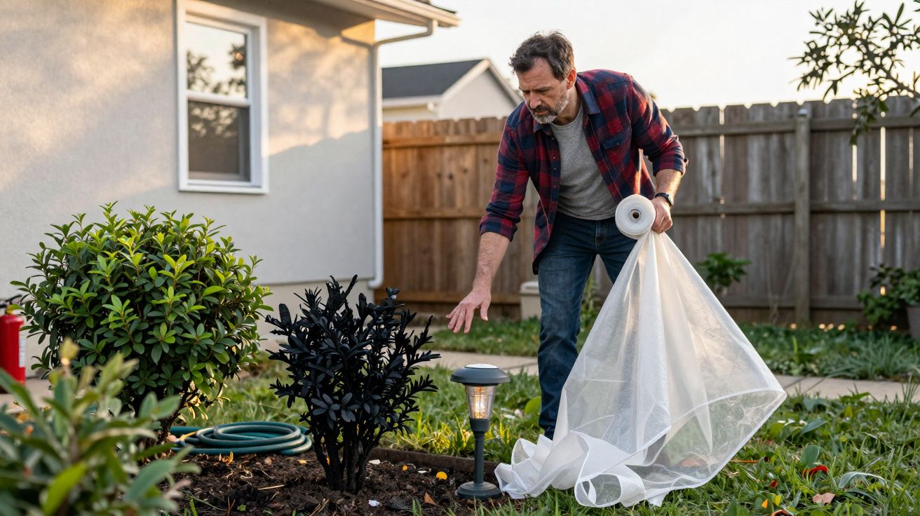 Homem a preparar planta no jardim com rede de proteção branca ao entardecer.