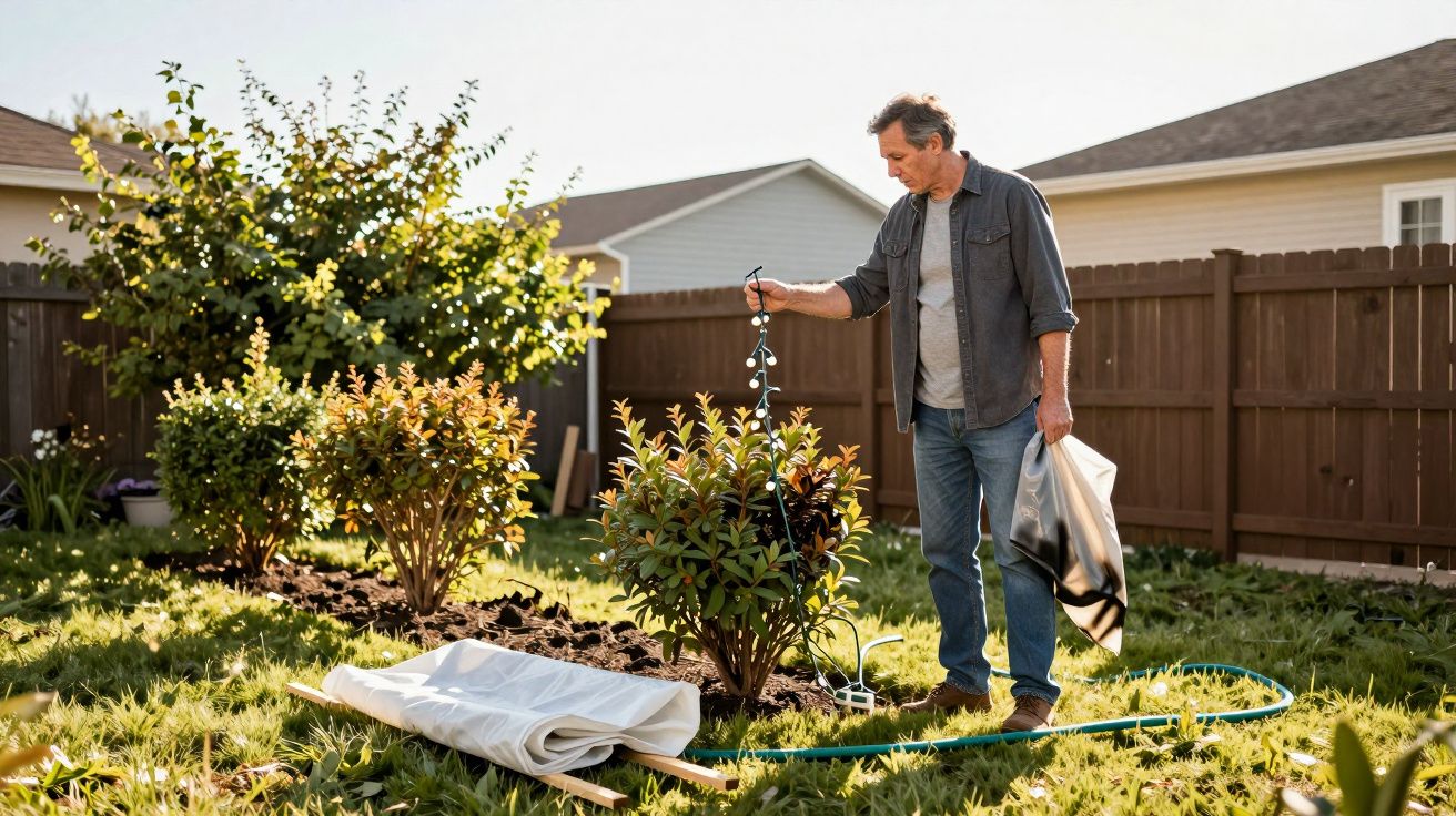 Homem a preparar iluminação para plantas num jardim durante o dia, segurando um saco e fios de luz.