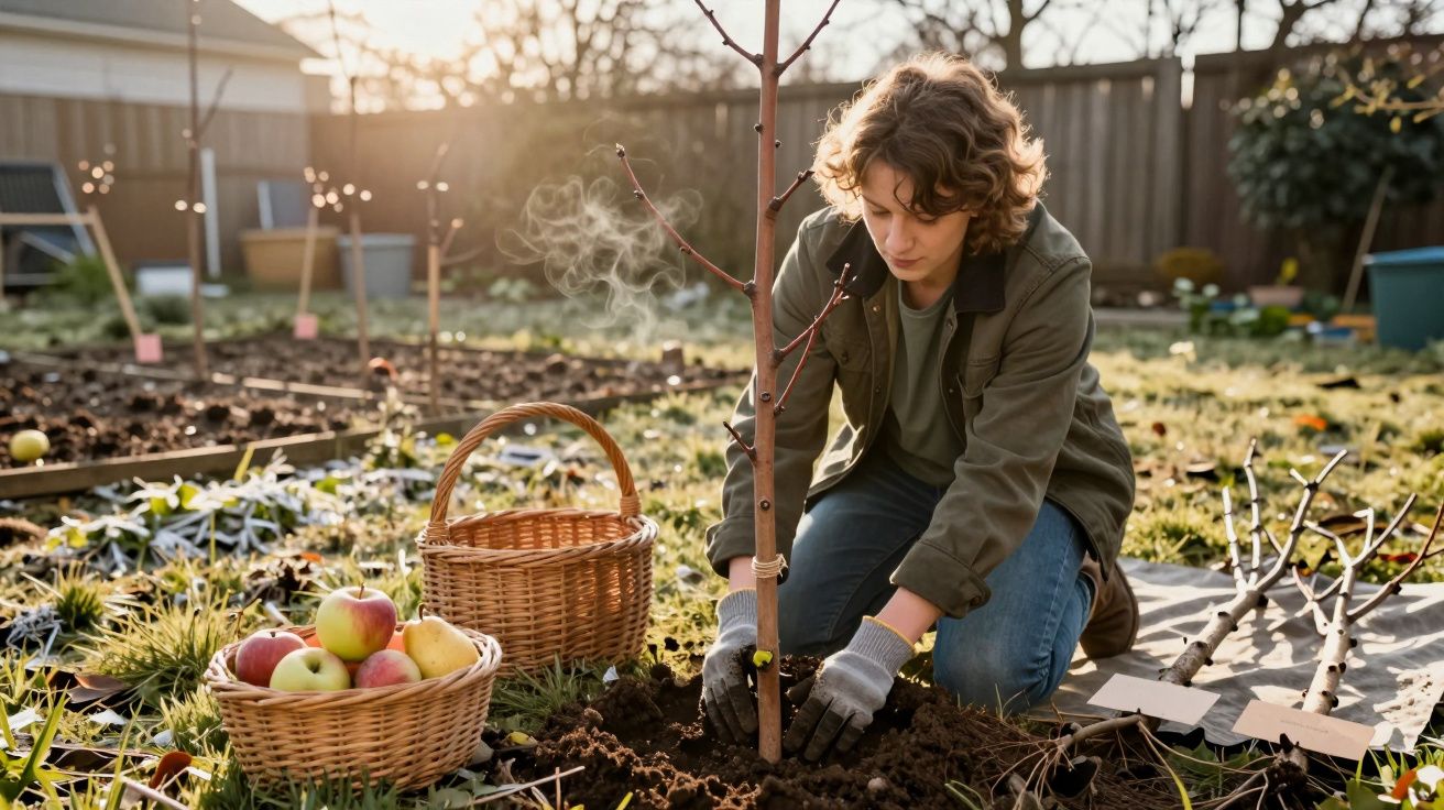 Pessoa a plantar uma árvore jovem num jardim, com duas cestas ao lado, uma com maçãs.
