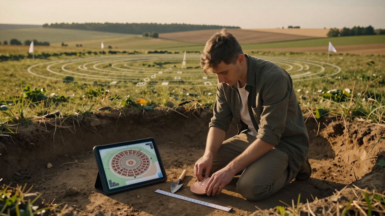 Jovem arqueólogo excava e analisa artefacto circular numa escavação arqueológica ao ar livre num campo.