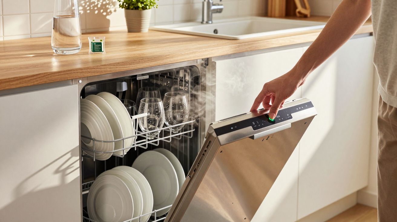 Pessoa a abrir máquina de lavar loiça cheia de pratos e copos, com vapor a sair no interior.