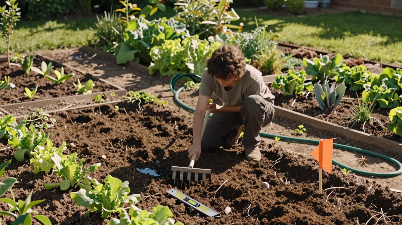 Criança a cultivar um jardim, a usar um ancinho para preparar o solo, rodeada de plantas e legumes.
