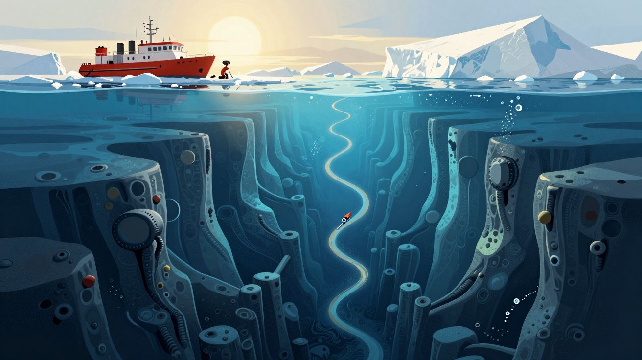 Navio vermelho no mar gelado com fiorde subaquático e pequeno submarino a explorar o fundo marinho.