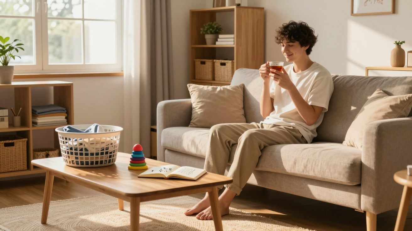 Pessoa sentada no sofá a beber chá numa sala iluminada com janela e móveis de madeira clara.