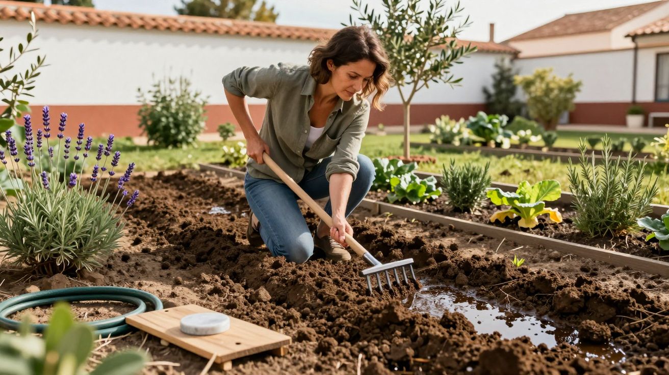 Mulher a cultivar terra húmida com ancinho num jardim cheio de plantas e flores.