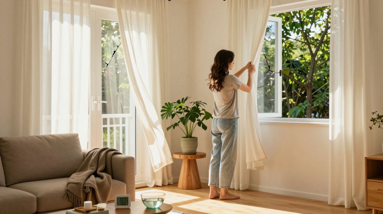Mulher abre cortinas numa sala de estar iluminada com sofá, plantas e janelas abertas para o exterior.