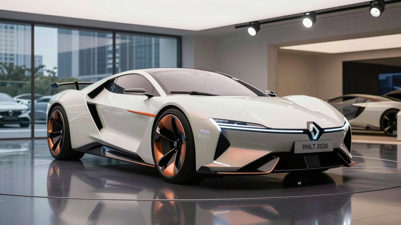 Carro desportivo branco futurista com detalhes em laranja exposto numa sala moderna e iluminada.