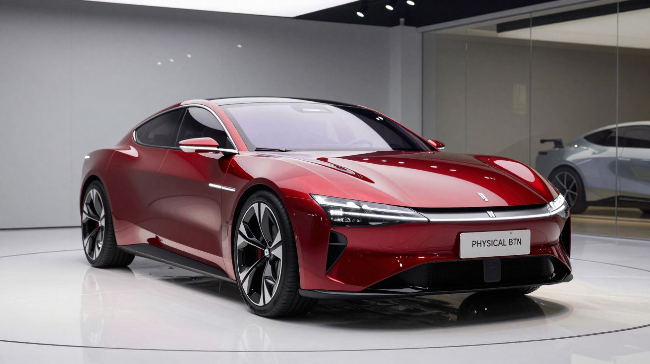 Carro desportivo elétrico vermelho brilhante estacionado em ambiente interior moderno e iluminado.