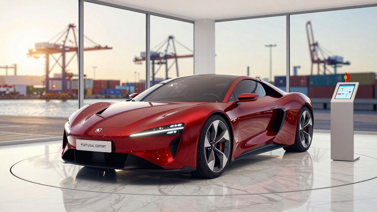 Carro desportivo elétrico vermelho em exposição num showroom com vista para porto e contentores.