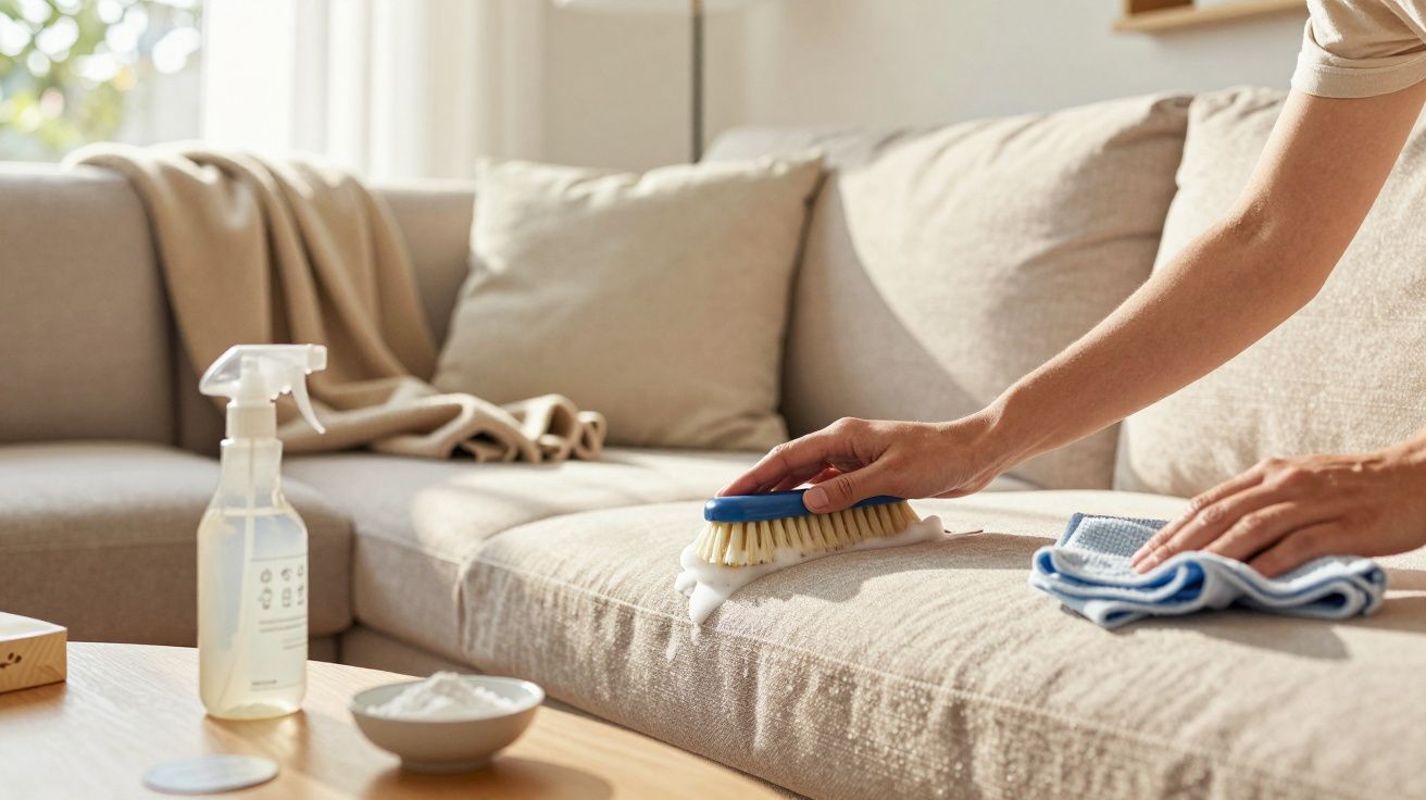 Pessoa a limpar nódoa em sofá bege com escova e spray de limpeza numa sala iluminada.