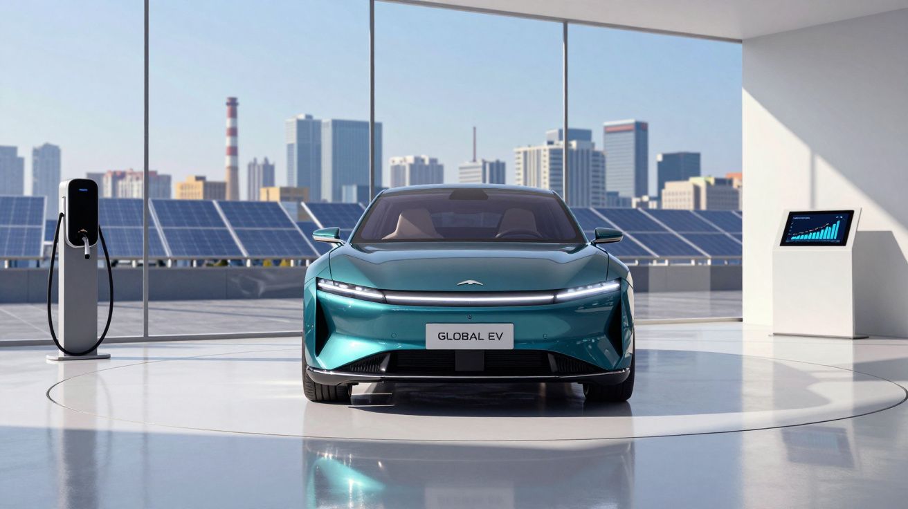 Carro elétrico moderno azul num showroom com carregador e painéis solares ao fundo na cidade.