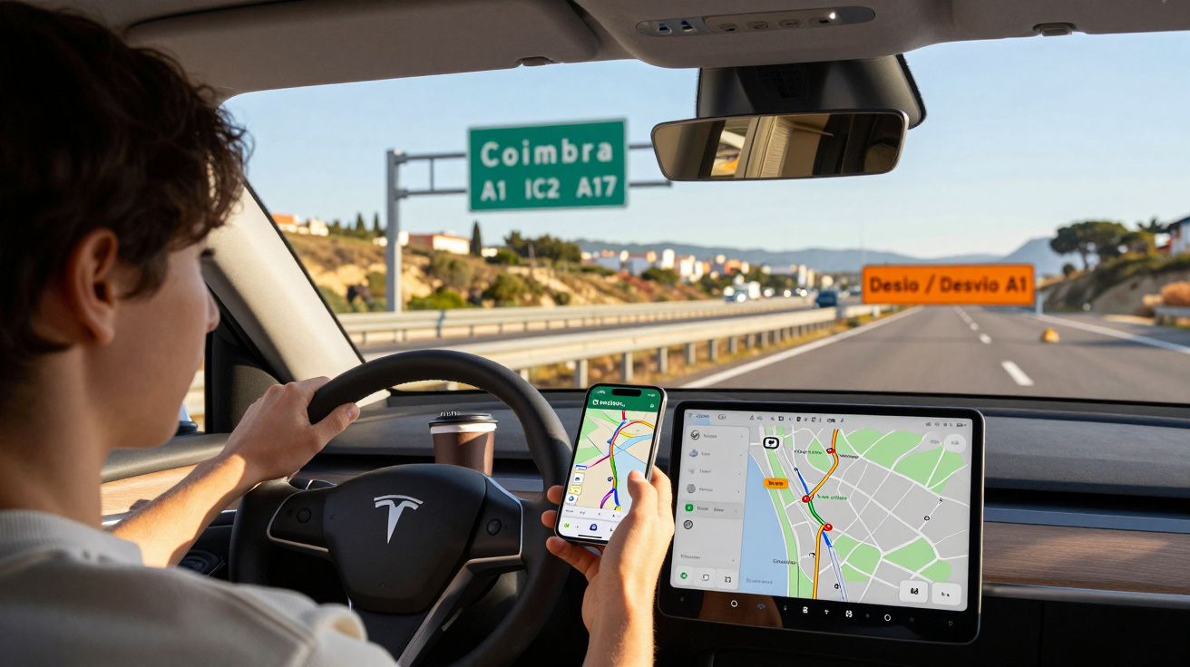 Pessoa a conduzir um Tesla com GPS no telemóvel e no ecrã do carro, estrada e sinalização para Coimbra à frente.