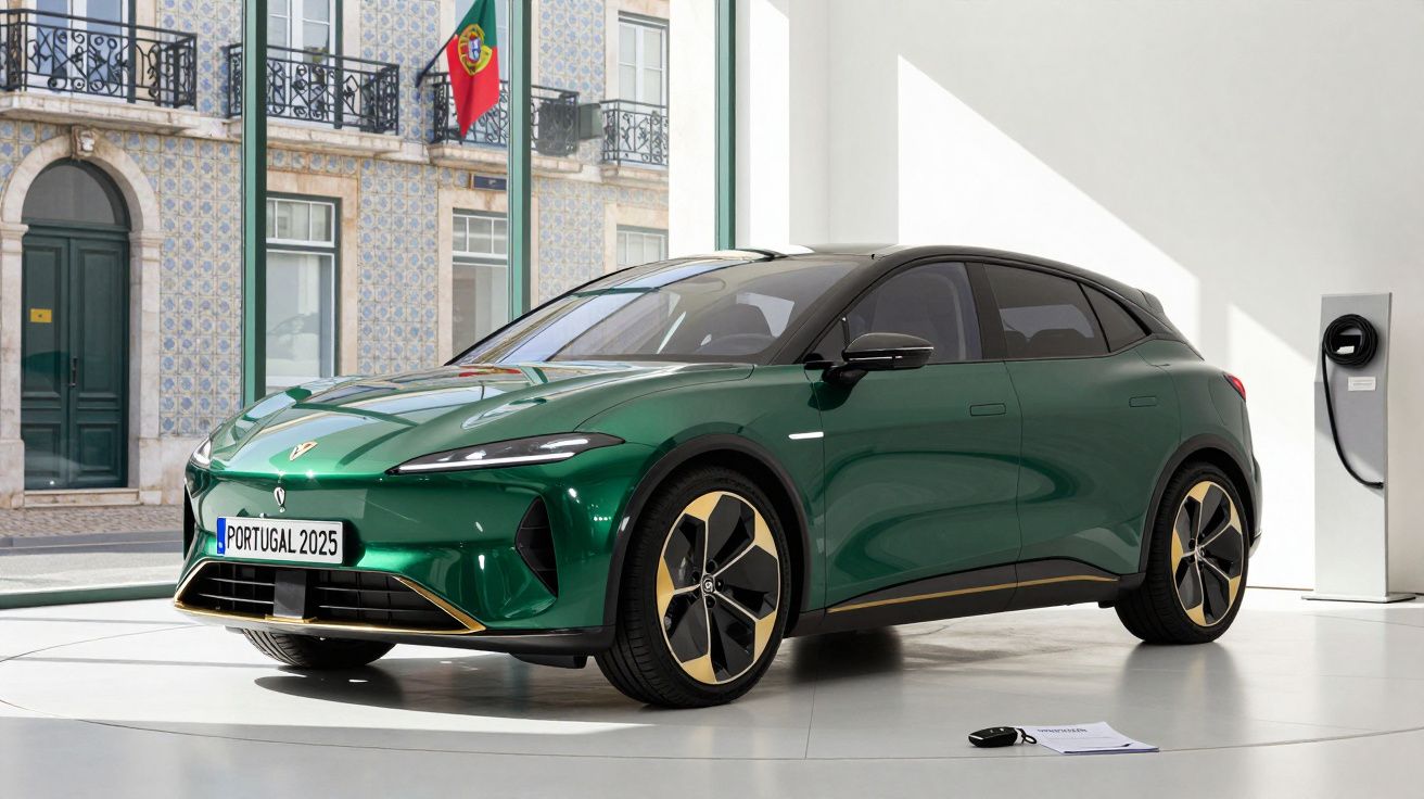 Carro elétrico verde exibido em sala branca com carregador e bandeira de Portugal ao fundo.