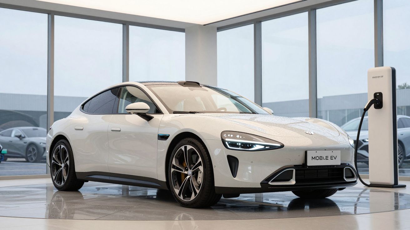 Carro elétrico branco a carregar numa estação numa sala com grandes janelas e chão espelhado.