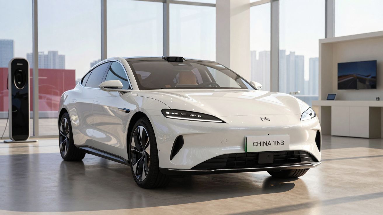 Carro elétrico branco estacionado num espaço interior moderno com carregador ao fundo e vista urbana panorâmica.