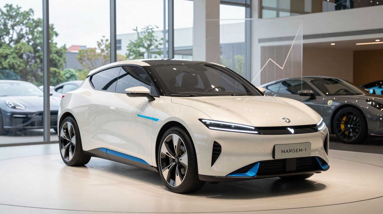 Automóvel elétrico branco Margem-1 exposto em showroom moderno com janelas de vidro amplas.