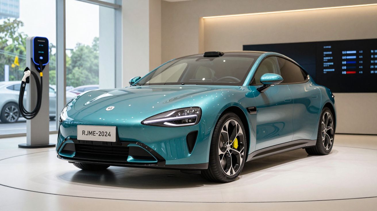 Carro elétrico desportivo azul numa exposição com estação de carregamento visível ao lado.