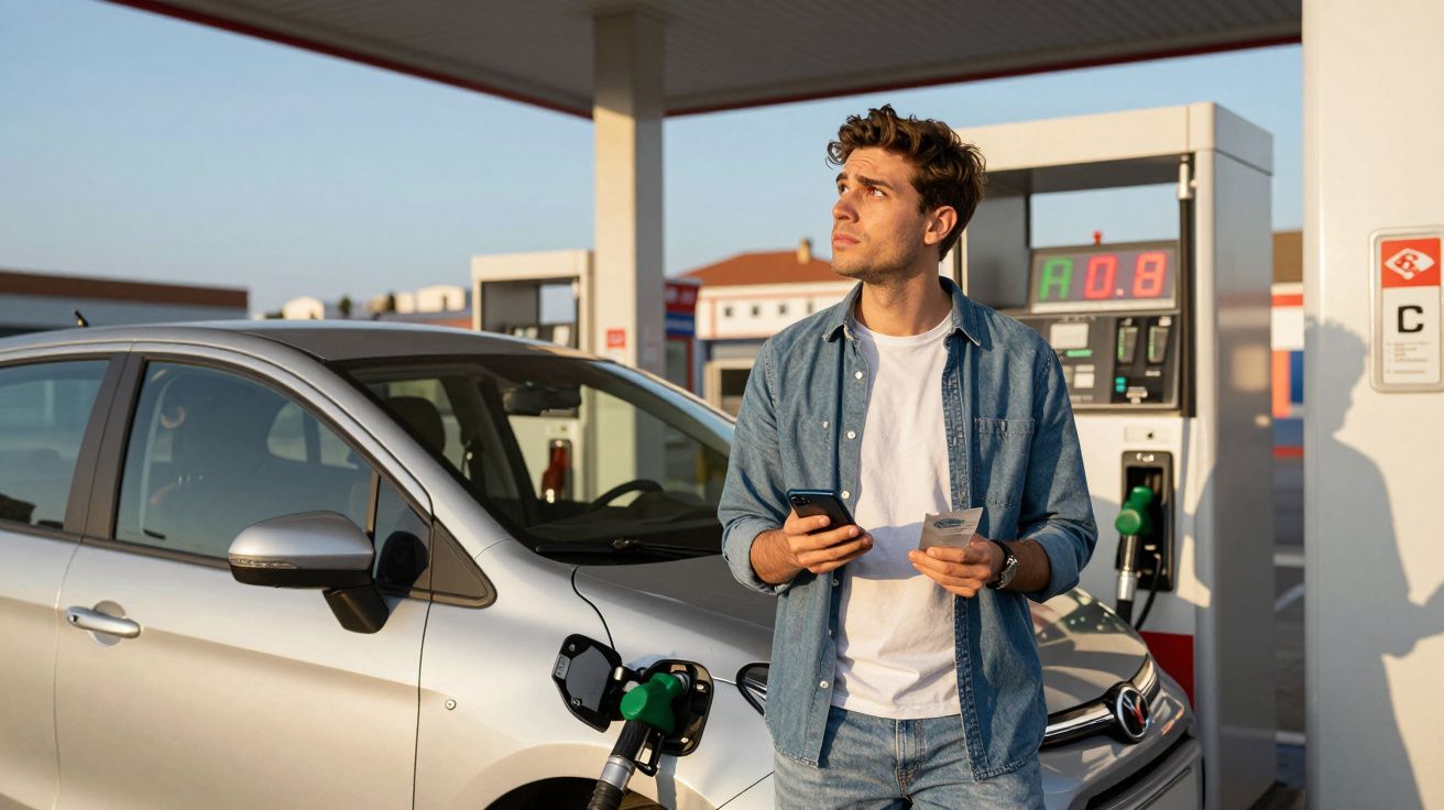 Homem jovem junto a carro a abastecer numa bomba de combustível, segurando telemóvel e recibo numa estação de serviço.