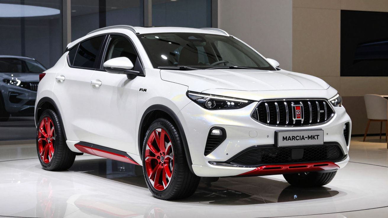 Carro SUV branco com detalhes e jantes vermelhas, modelo Marcia-MKT, exposto em salão automóvel.
