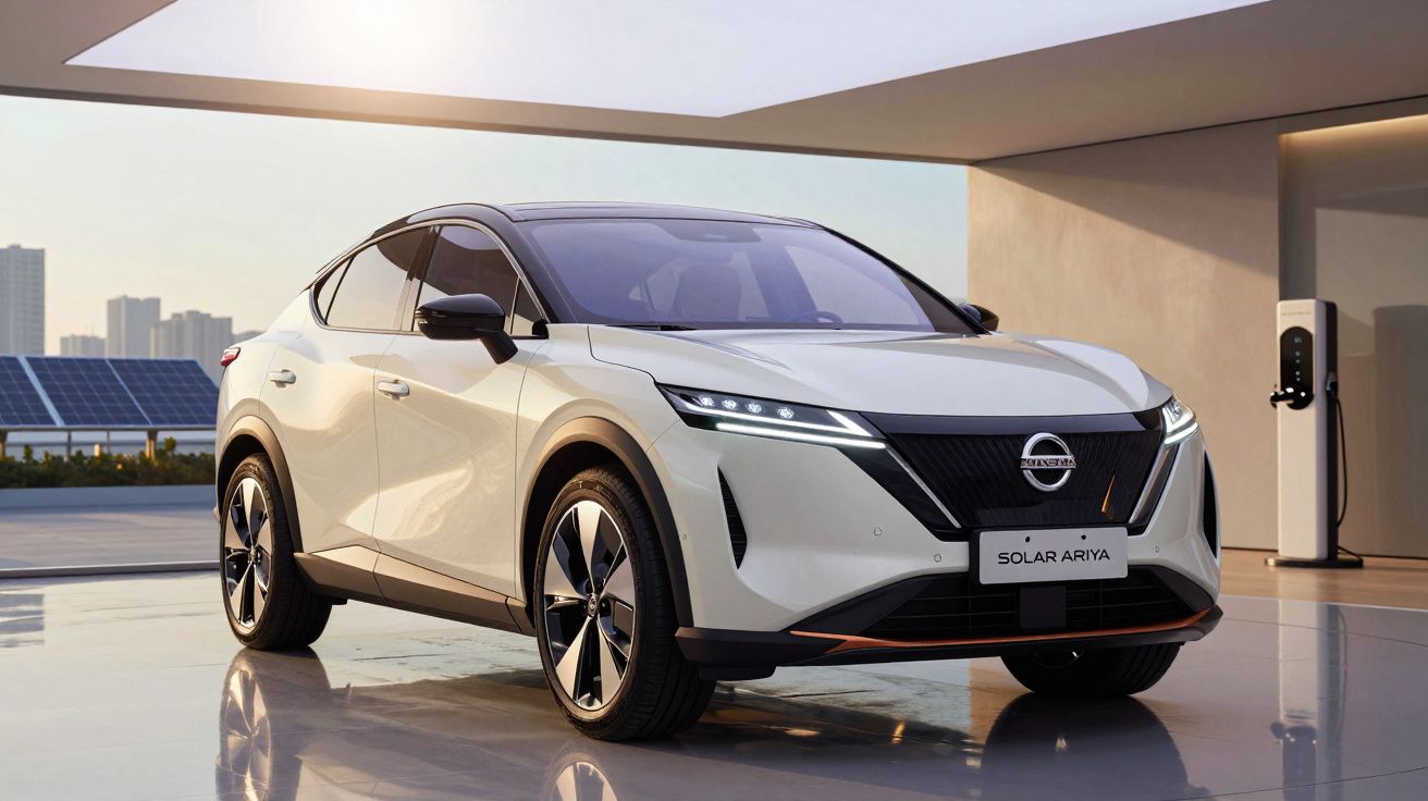 Carro elétrico branco Nissan Solar Ariya estacionado numa garagem moderna com painel de carregamento.