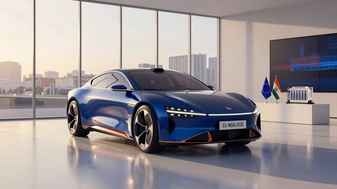 Carro elétrico desportivo azul em showroom moderno com janelas amplas e bandeiras da União Europeia e Índia.