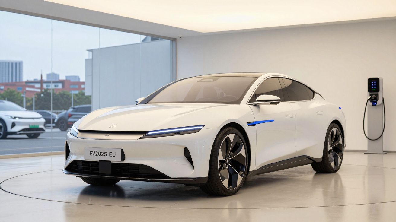 Carro elétrico branco moderno numa sala ampla com parede de vidro e estação de carregamento à direita.