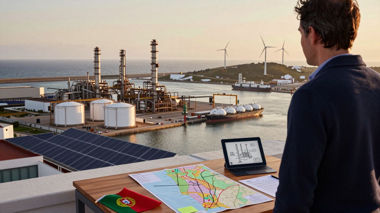Homem observa instalação industrial com painéis solares, turbinas eólicas e mapa sobre a mesa.