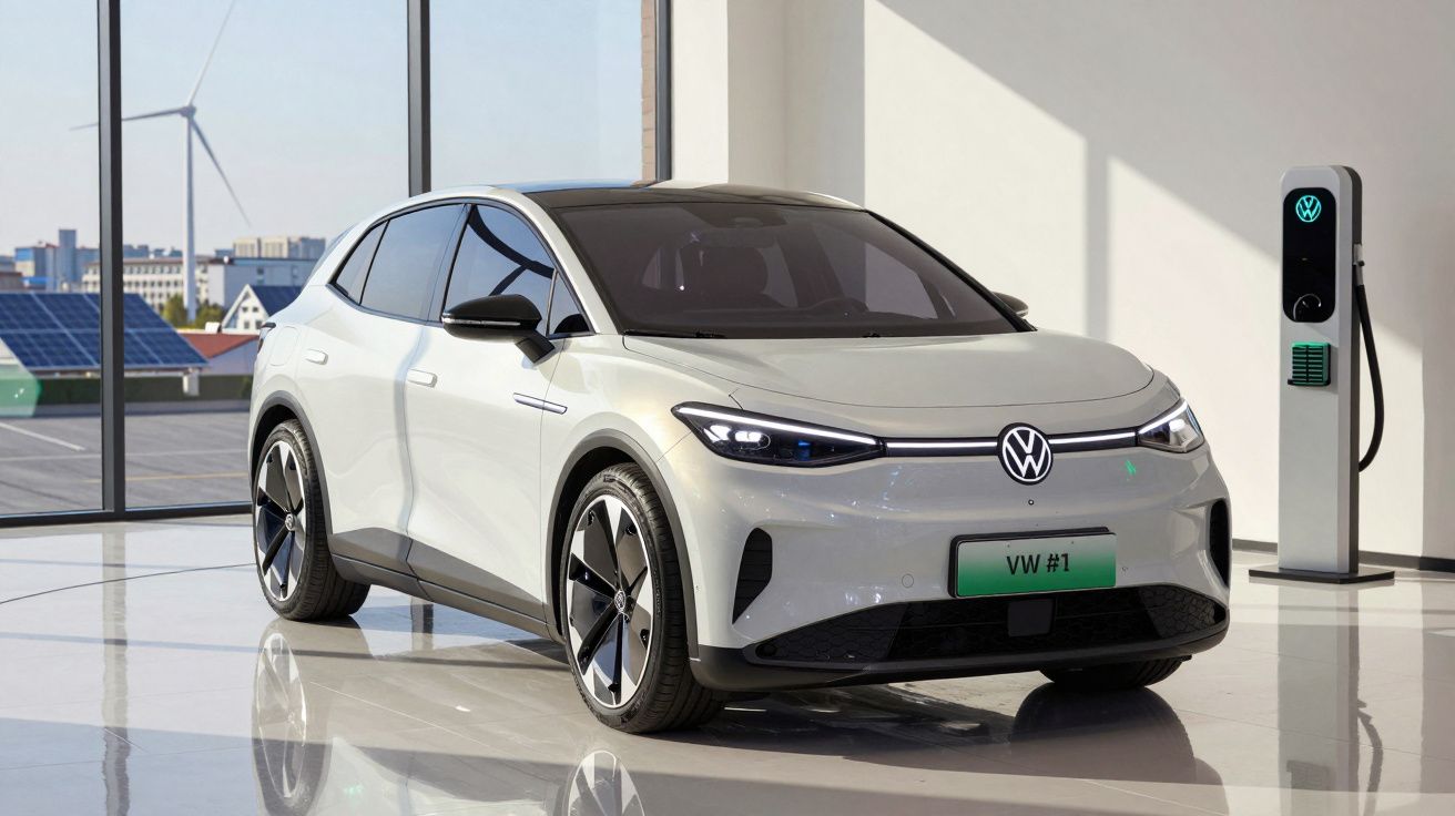 Carro elétrico Volkswagen branco ligado a posto de carregamento numa garagem moderna com janelas panorâmicas.
