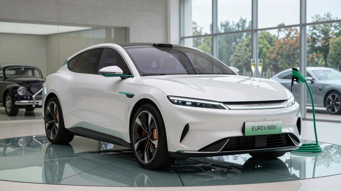 Carro elétrico branco desportivo a carregar com duas taças de champanhe no capot, em showroom moderno e luminoso.