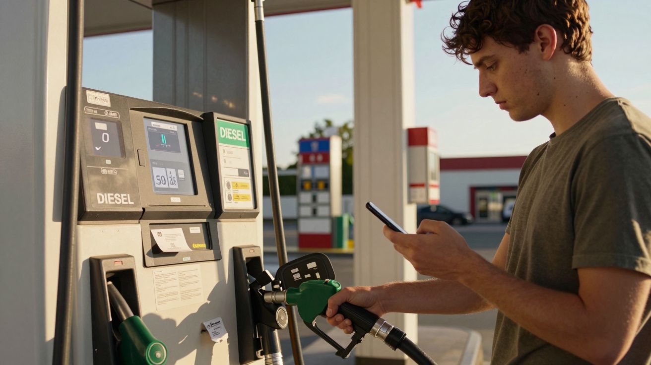 Homem a abastecer carro com gasóleo numa bomba de combustível enquanto segura telemóvel.