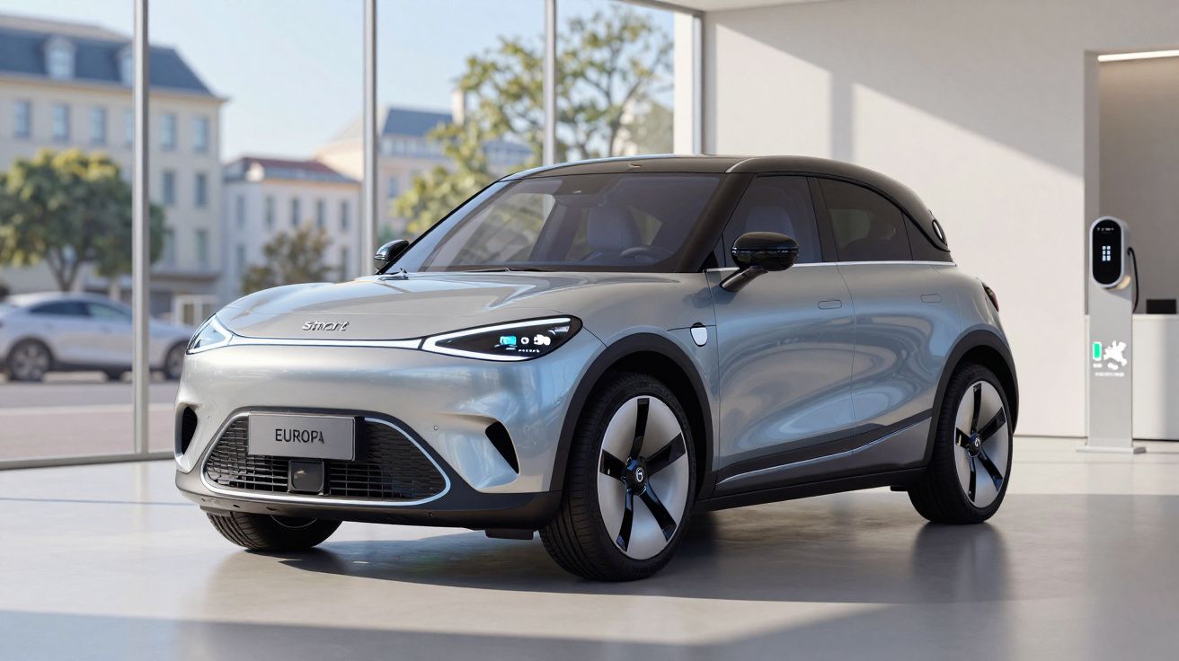 Carro elétrico compacto Smart Europa estacionado num espaço interior moderno com carregador elétrico.