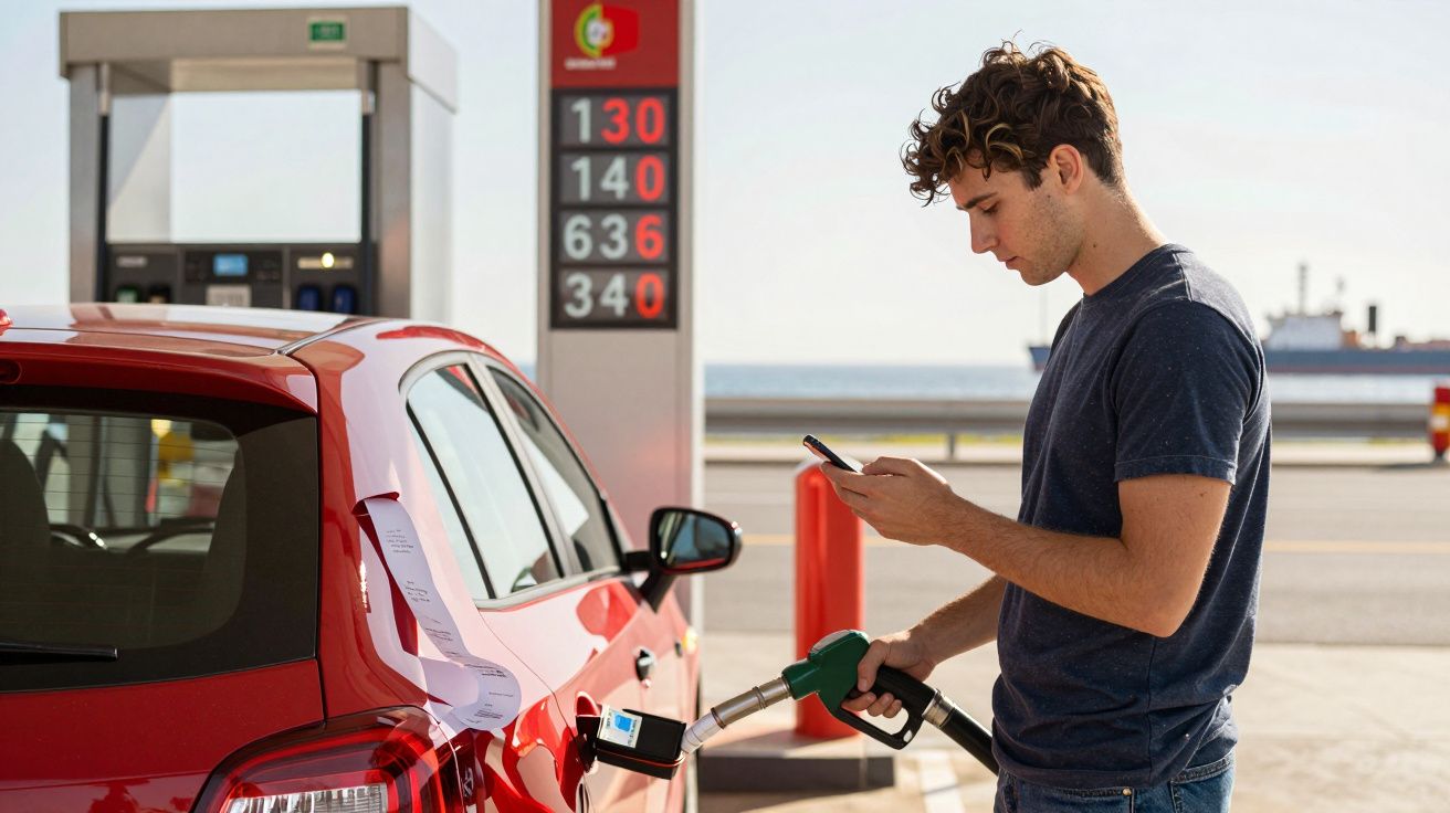 Homem a abastecer carro vermelho num posto de combustível enquanto consulta o telemóvel.