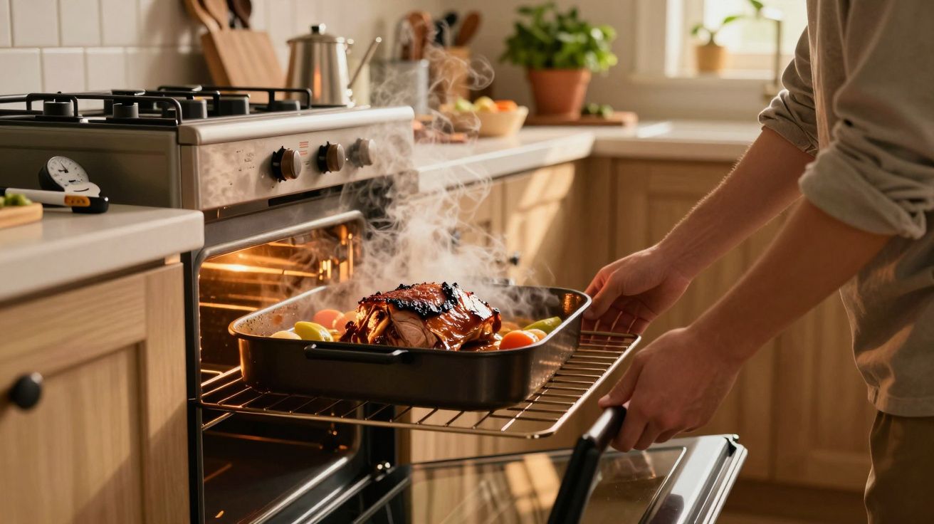 Pessoa a tirar do forno um prato com carne assada e legumes numa cozinha acolhedora.