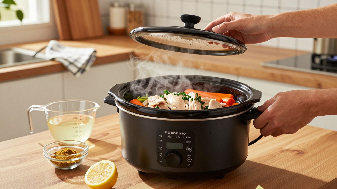 Panela elétrica a cozinhar legumes, peito de frango e ervas numa cozinha moderna.