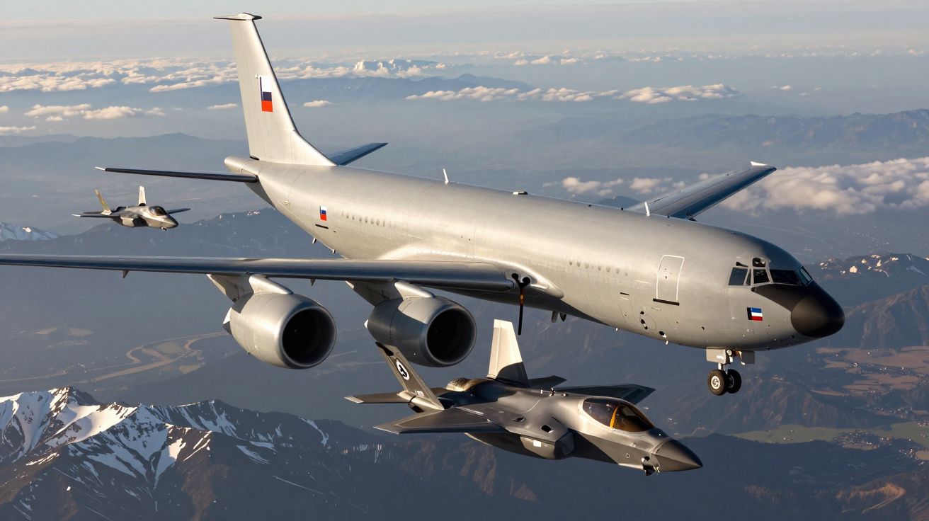 Avião militar pesado acompanhado por dois jatos de caça sobre montanhas e nuvens ao fundo.