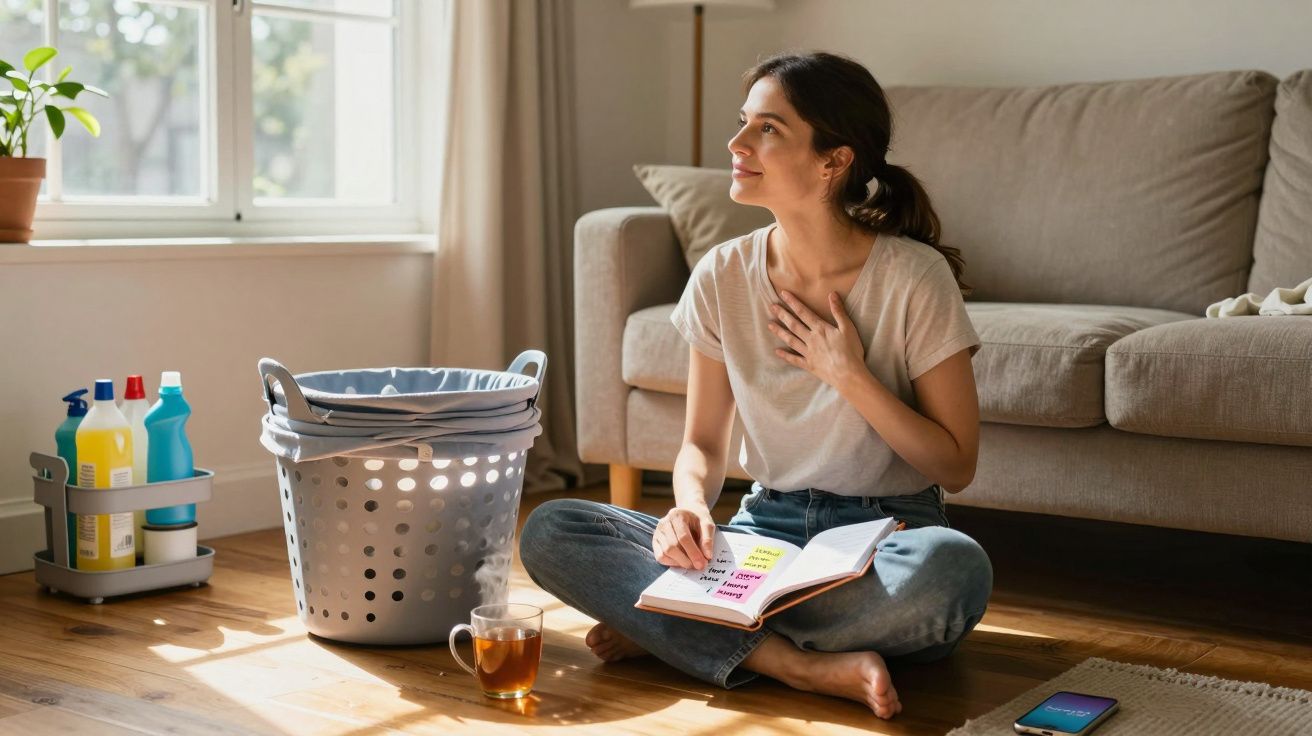 Mulher sentada no chão a ler um livro e a apreciar um momento de pausa junto a cesto de roupa e produtos de limpeza.