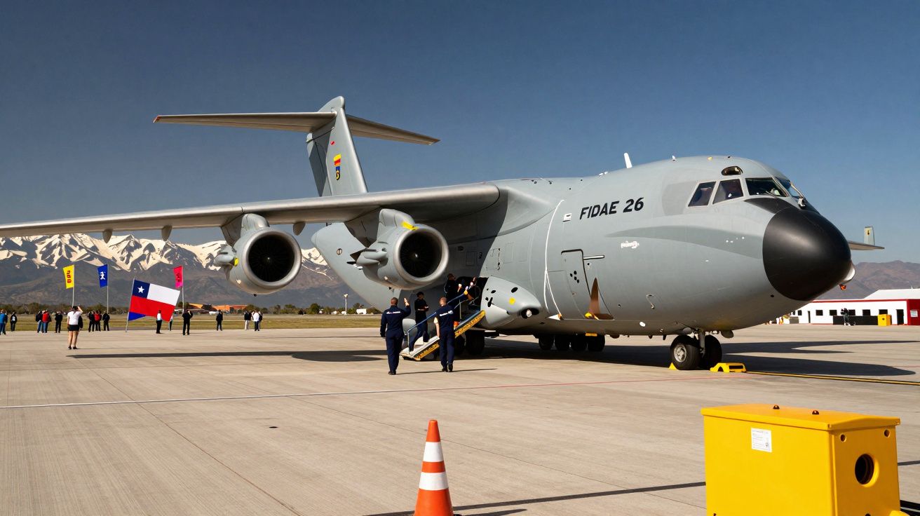 Avião militar FIDAE 26 estacionado em pista com montanhas e pessoas em fundo num dia ensolarado.