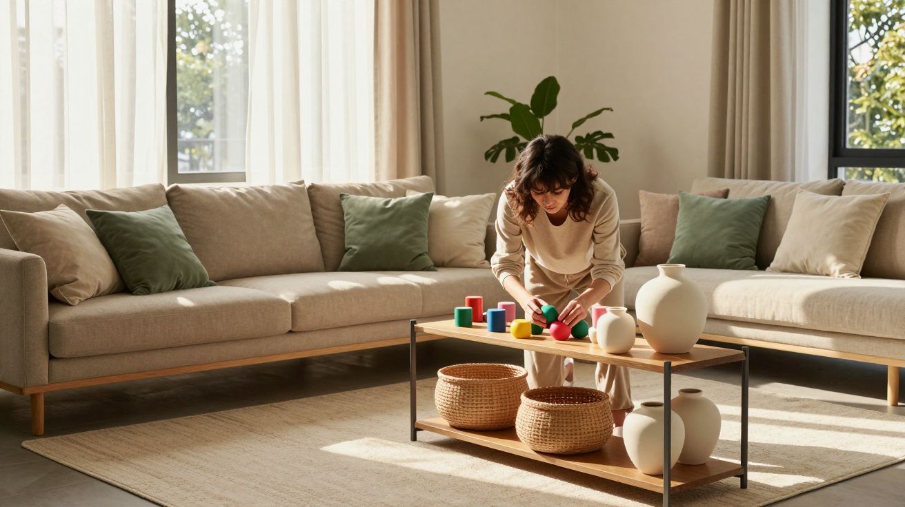 Mulher a organizar brinquedos coloridos numa mesa de centro numa sala de estar luminosa e moderna.