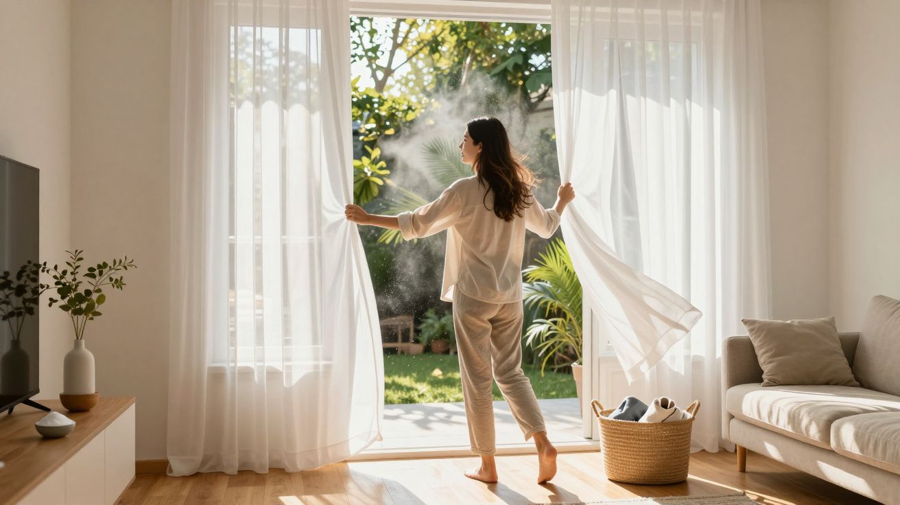 Mulher a abrir cortinas brancas numa sala iluminada com vista para jardim verdejante, manhã ensolarada.