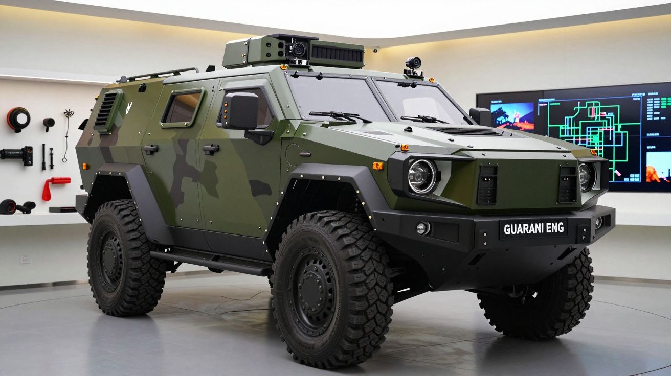 Viatura blindada militar de camuflagem verde exército em exposição interior com ecrãs digitais ao fundo.