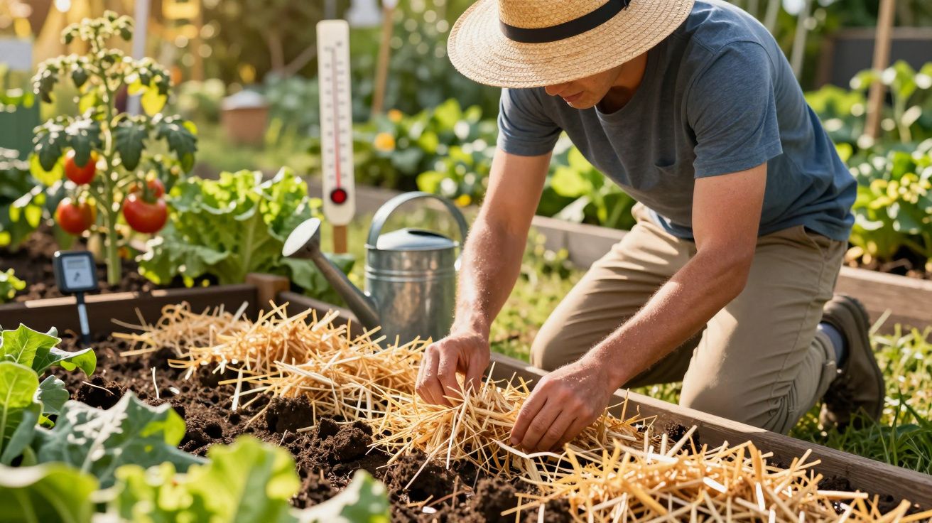 Homem a cultivar vegetais numa horta urbana, a cobrir o solo com palha para proteger as plantas.