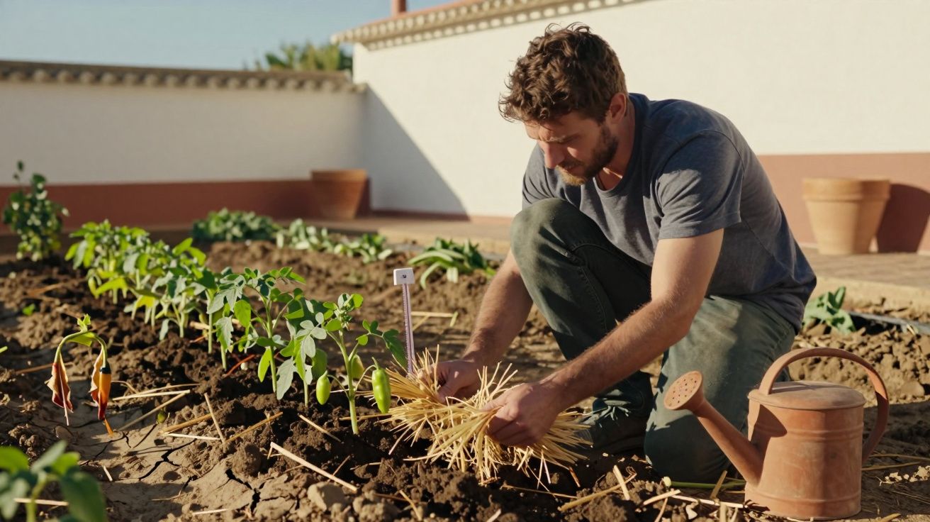 Homem a cuidar de plantas na horta, a colocar palha no solo, com regador ao lado.