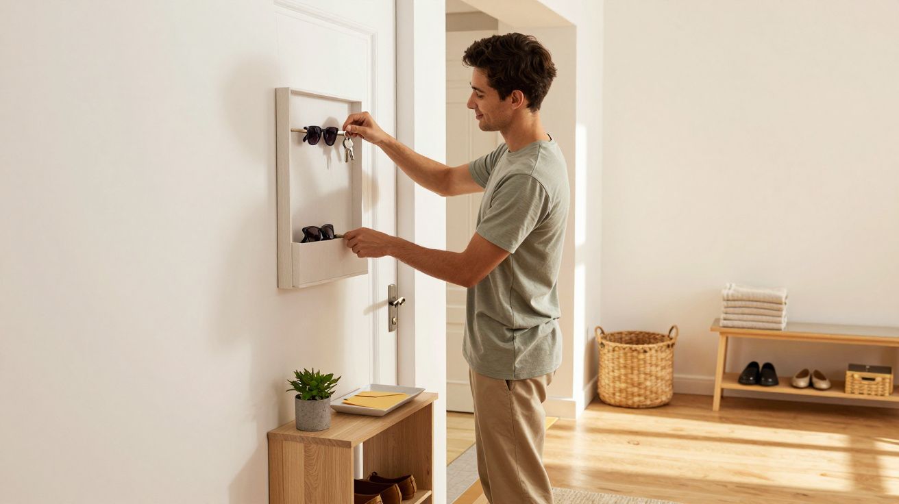 Homem a colocar óculos num suporte de parede num corredor iluminado e organizado.