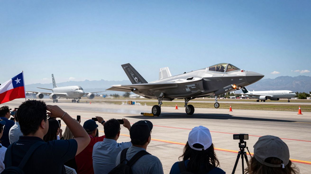 Avião de combate a descolar em pista com público a assistir e bandeira do Chile ao lado.