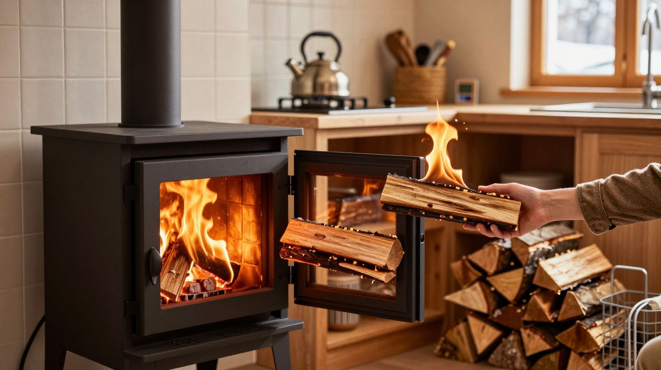 Lenha a ser colocada numa salamandra acesa numa cozinha com madeira empilhada ao lado.
