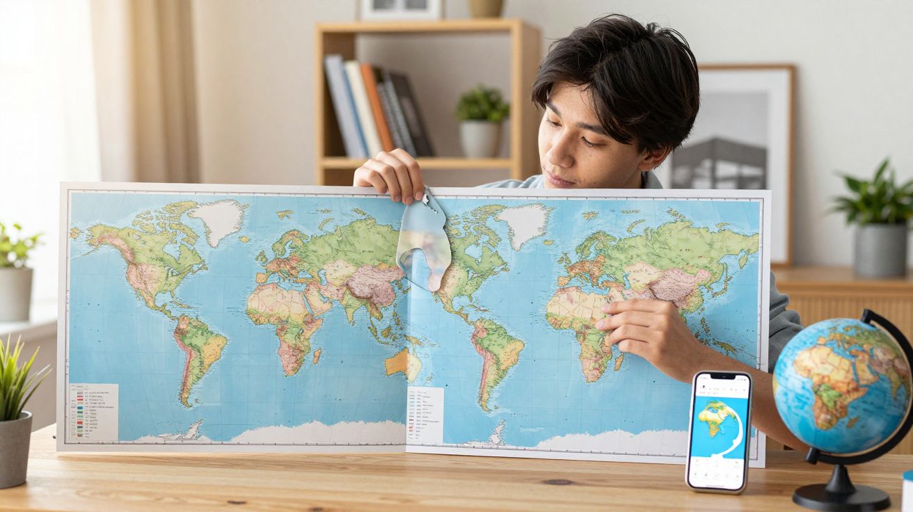 Pessoa a explorar um mapa-mundo com uma lupa transparente, com um globo e telemóvel na mesa.